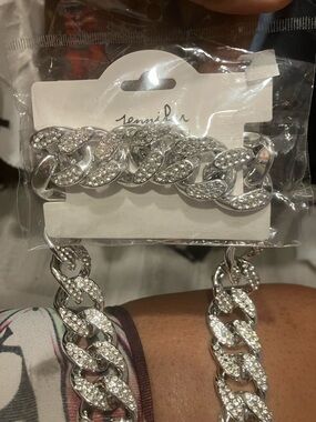 Silver Crystal Cuban Link Necklace Set